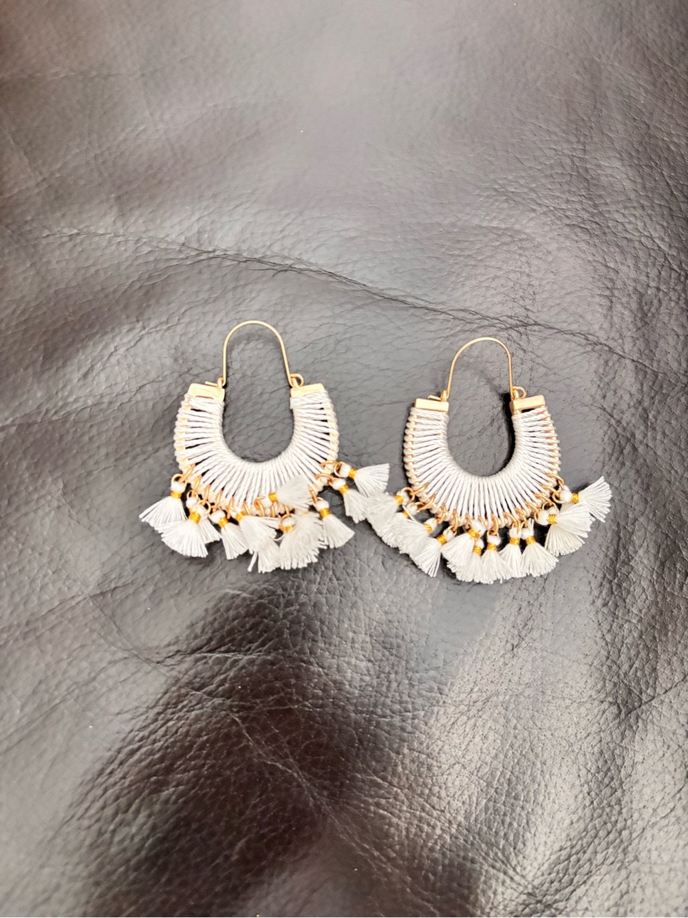 SHEIN White and Gold Tassel Hoop Earrings